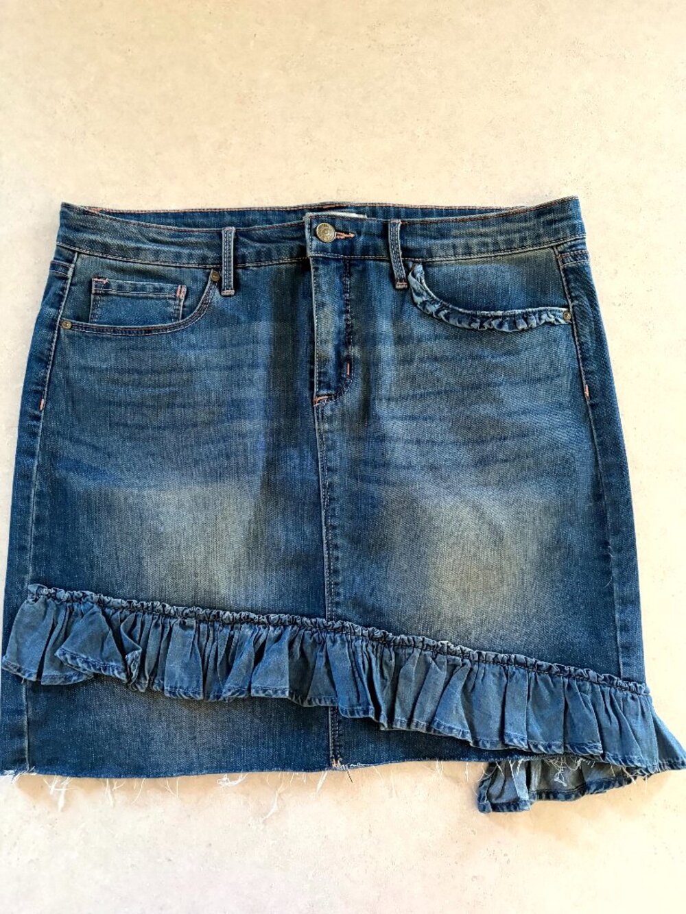 Vintage America Blues Ruffled Denim Mini Skirt Sz 12/31 Stretch Western Festival